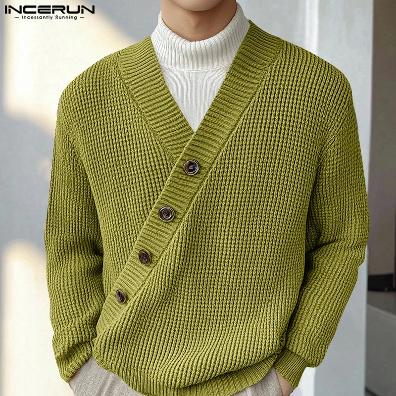 Autumn Stylish Men Tops INCERUN Hot Sale Texture Diagonal Sweater Casual Streetwear Solid V-neck Long Sleeved Sweater S-5XL 2024