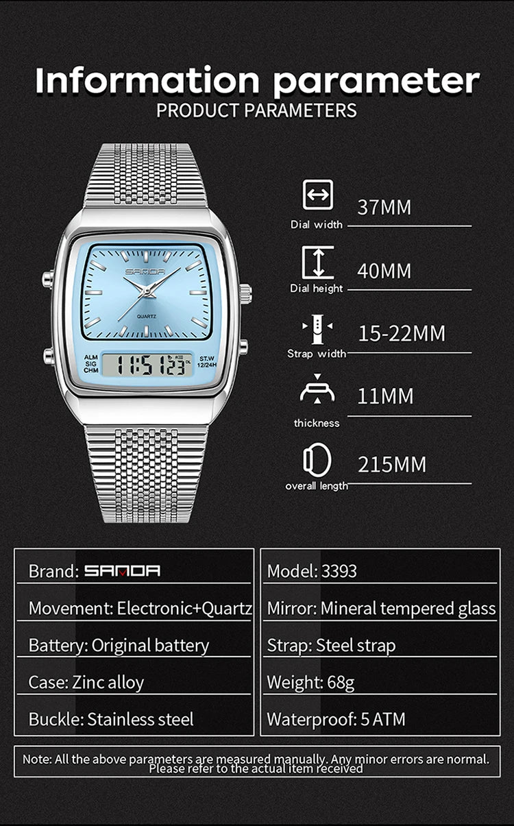 SANDA Outdoor Dual Display Men's Watch Luminous Waterproof TPU Strap Large Dial Chronograph Calendar Sports Wristwatch