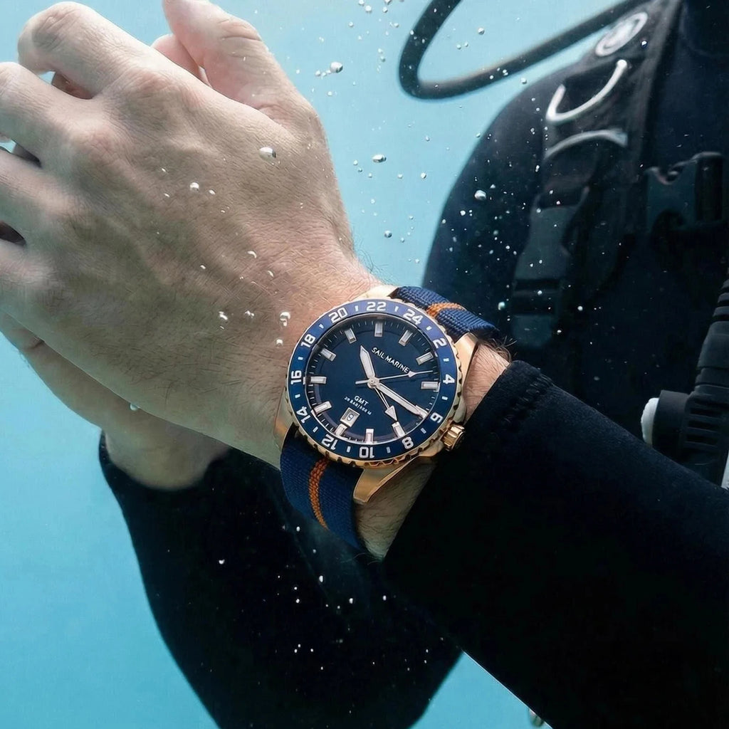 Top Quality Rose Gold Men's Luminous Casual Watch Fabric Strap GMT Quartz Wristwatch Stainless Steel Case 20 Bar Deep Waterproof