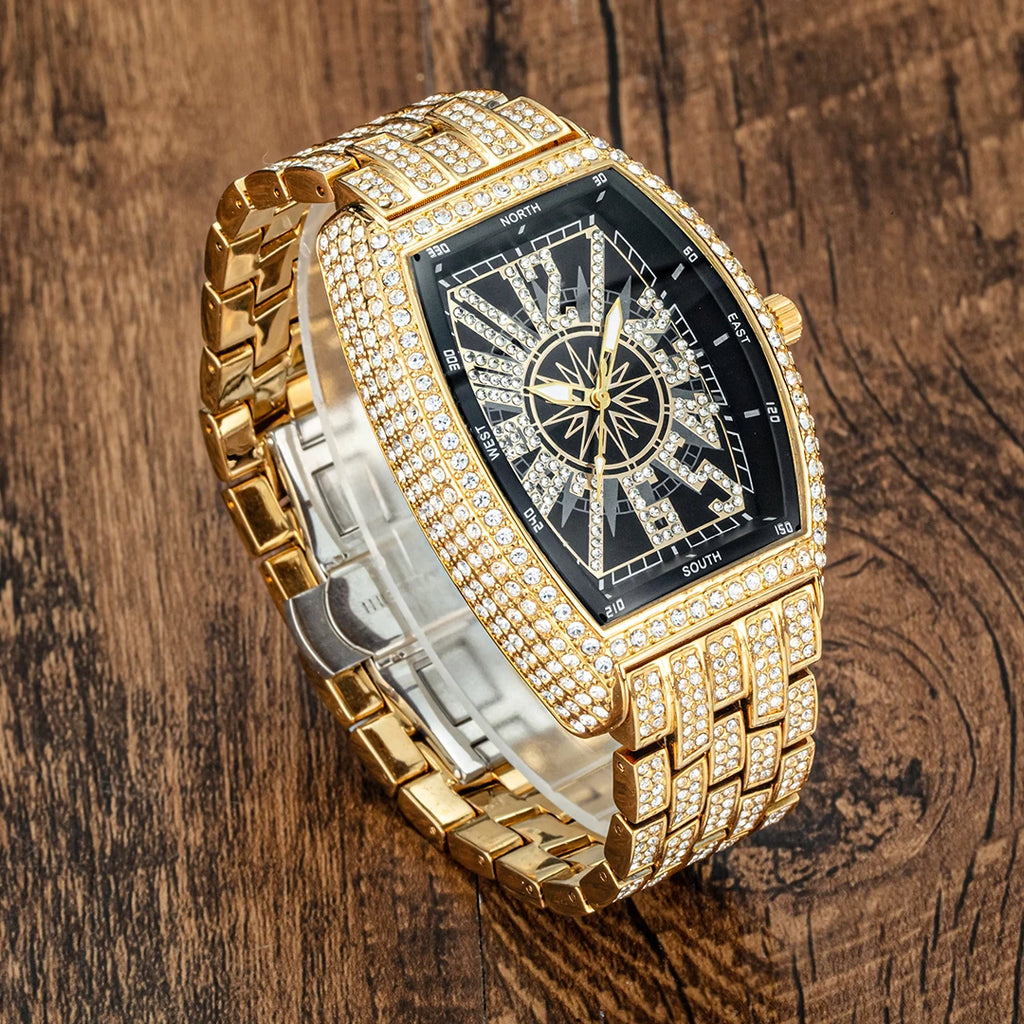 Luxury Gold Watches Men Brand MISSFOX Fashion Hip Hop lce Diamond Sun Pattern Literal Quartz Wristwatch Male Dropshipping Hot