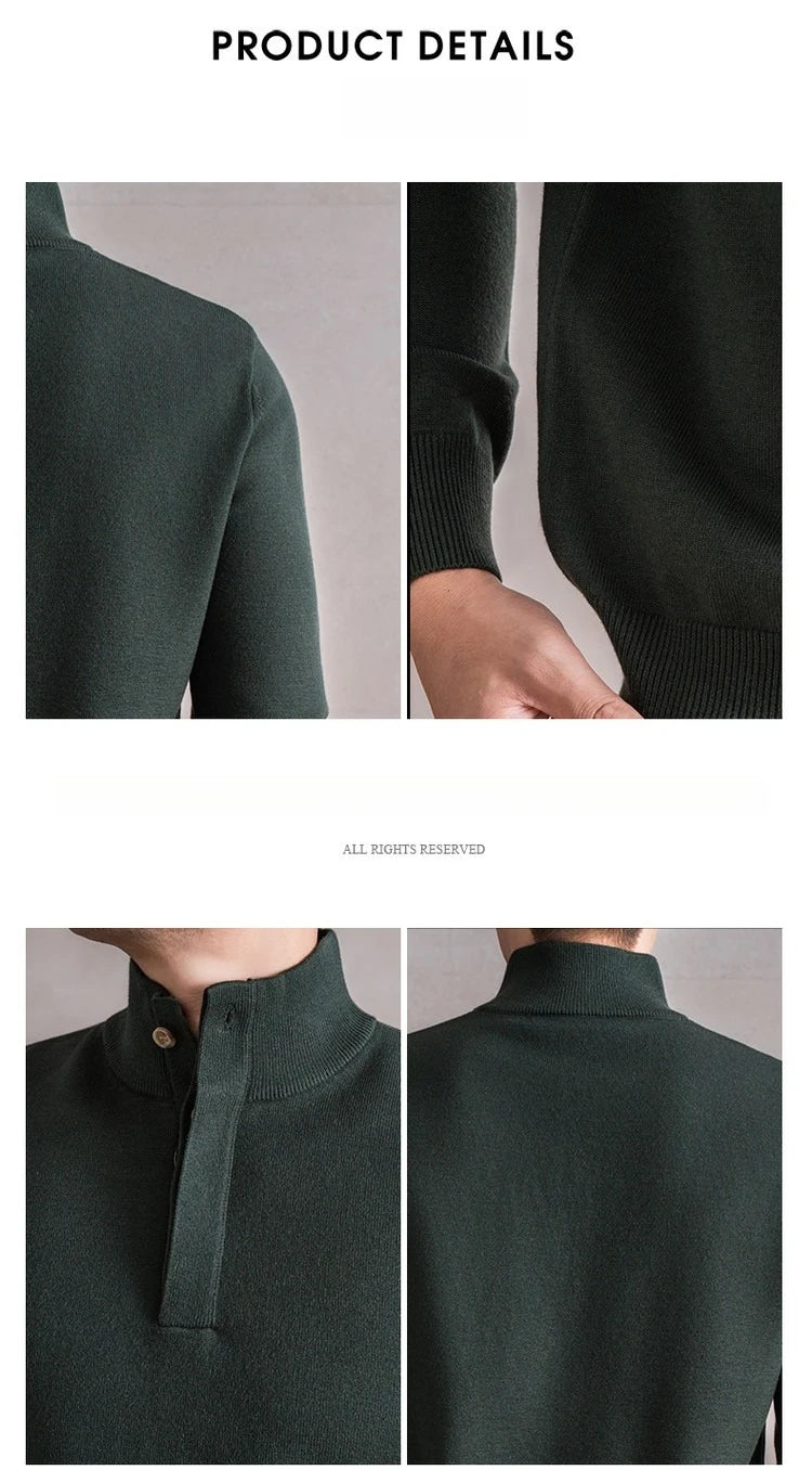 Old Money Style Men's Semi-High Neck Henley Sweater 4.6% Wool Blend Anti-Pilling Knit  Korean Casual Daily Wear