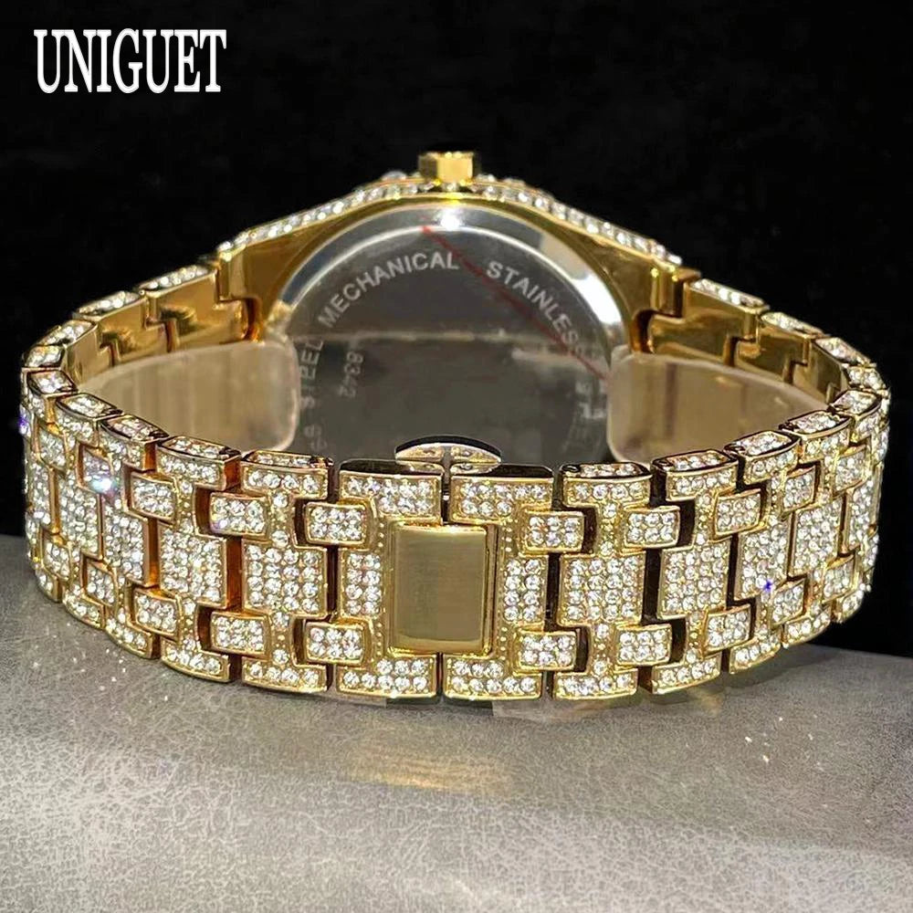 UNIGUET Fashion Iced Out Watch Mens Luxury Waterproof Quartz Watch For Man Hip Hop High Quality Big Diamond Wristwatch Hot Sale