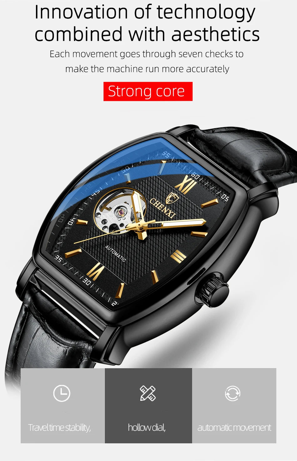 Automatic Mechanical Skeleton Man Watch Fashion Luxury CHENXI Watches For Men Business Leather Waterproof Tonneau Wristwatch
