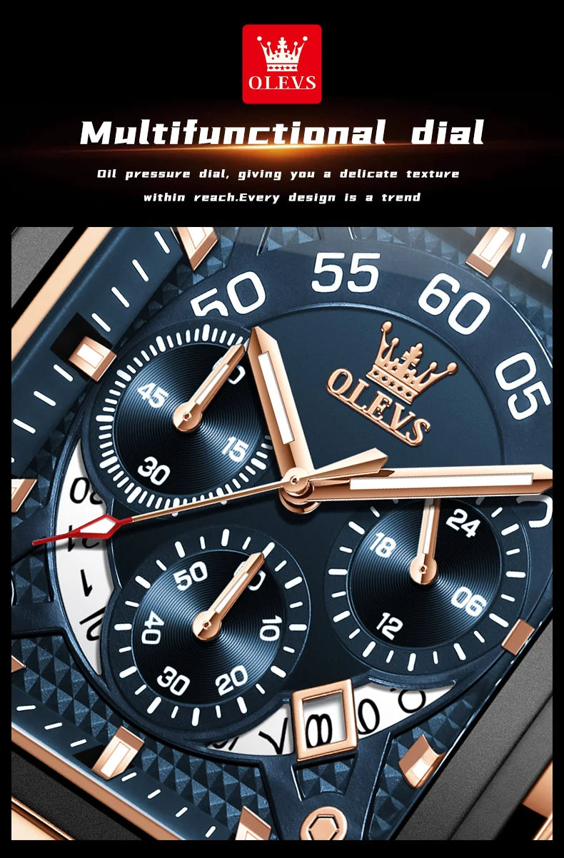 OLEVS 9919 Chronograph Multifunctional Quartz Men's Watch Leather strap 45MM Square Big Dial Leisure Sports TOP Brand Male Watch