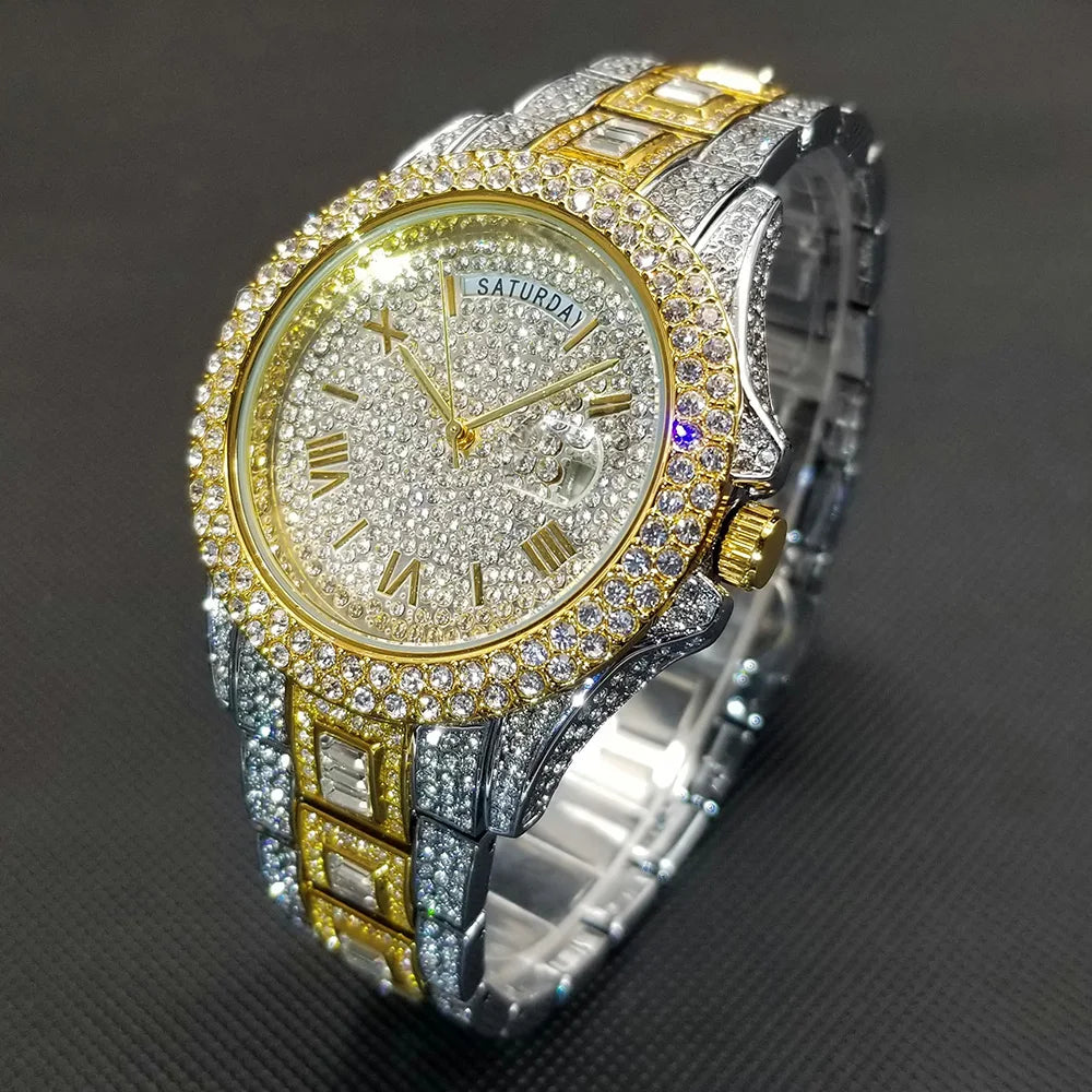 TikTok Hot Diamond Wristwatch For Men Luxury 18K Gold Plated Quartz Watches Day Date Nightclub Party Watch Unisex Rapper Jewelry