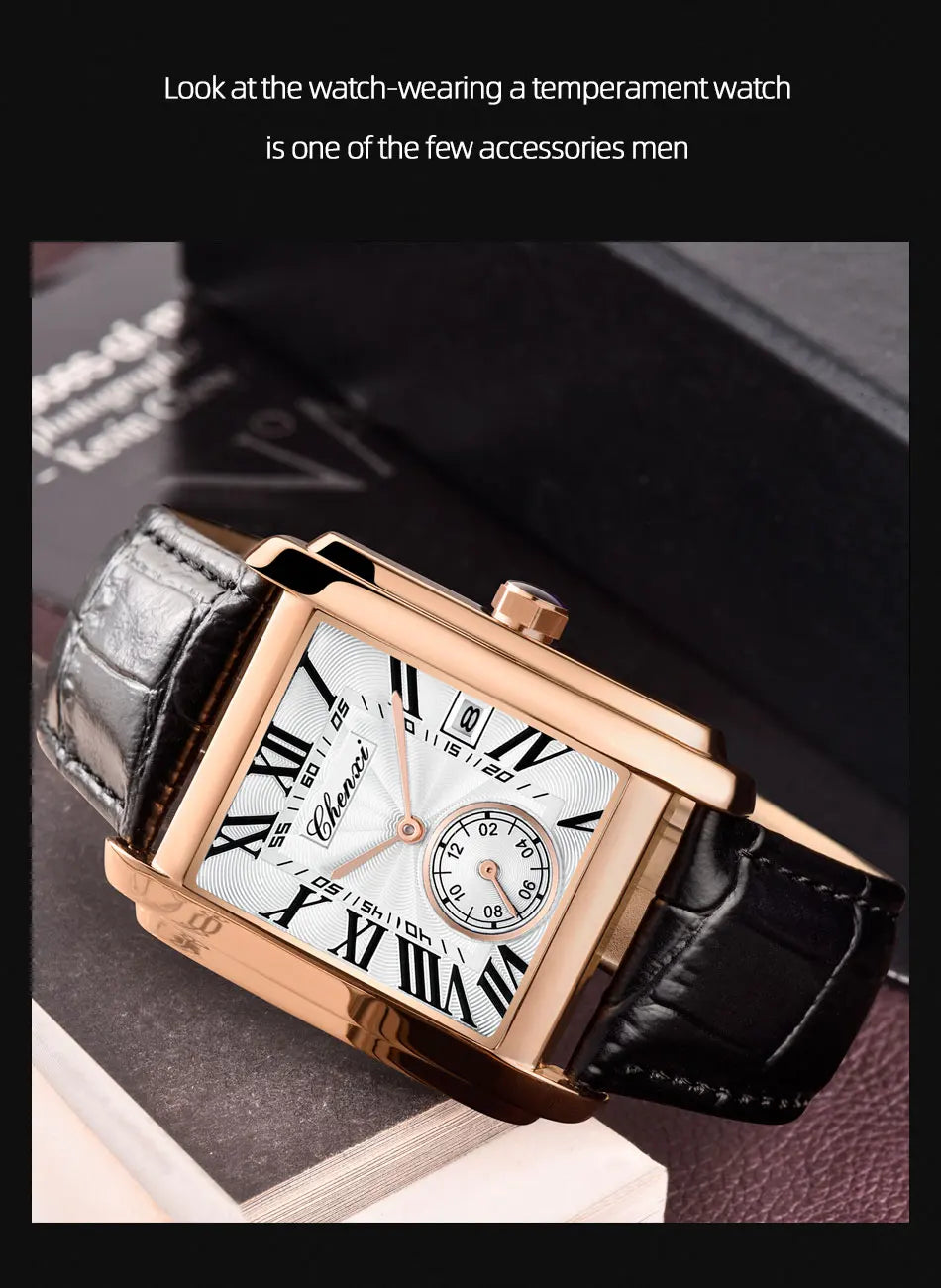 2025 New Business Men's Watch Fashion Square Roman Numeral Dial Waterproof Brown Leather Male Casual Fashion Date Quartz Watches