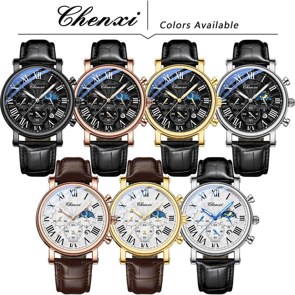 CHENXI Multifunction Men's Watches Business Roman Numerals Leather Strap Quartz Man Watch Chronograph Moon Phase Calendar