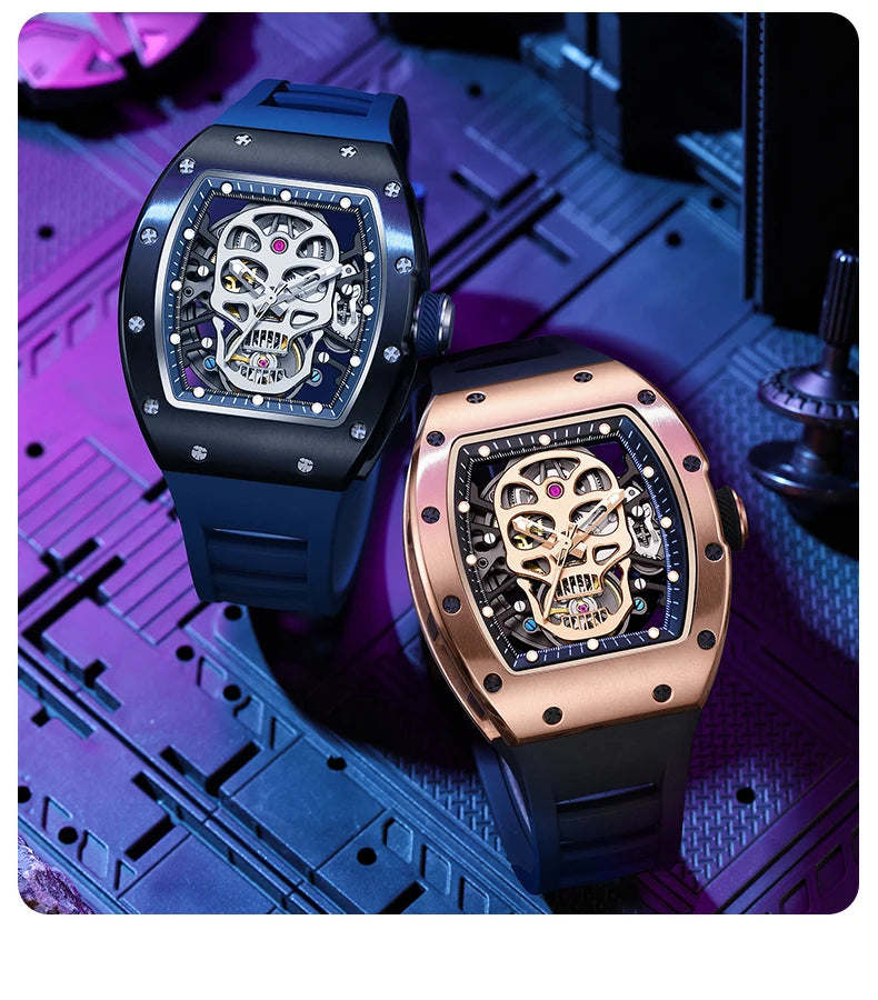 Unique Men Watch Tonneau Casual Wristwatch Soft Silicon Band Fashion Men's Wrist Watches Hollow Out Analog Automatic Watches