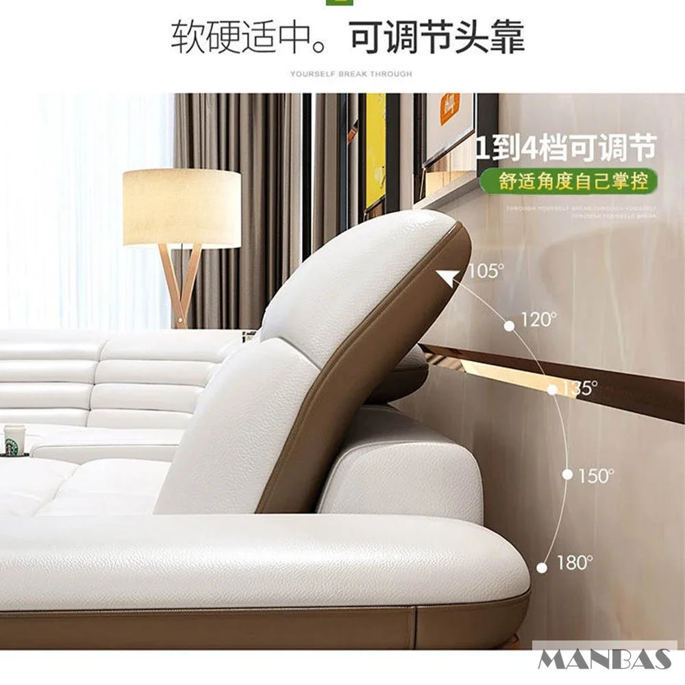 MANBAS Luxury L-Shaped Genuine Leather Sectional Sofa Sets with USB, Bluetooth Speaker - Living Room Italian Leather Couches