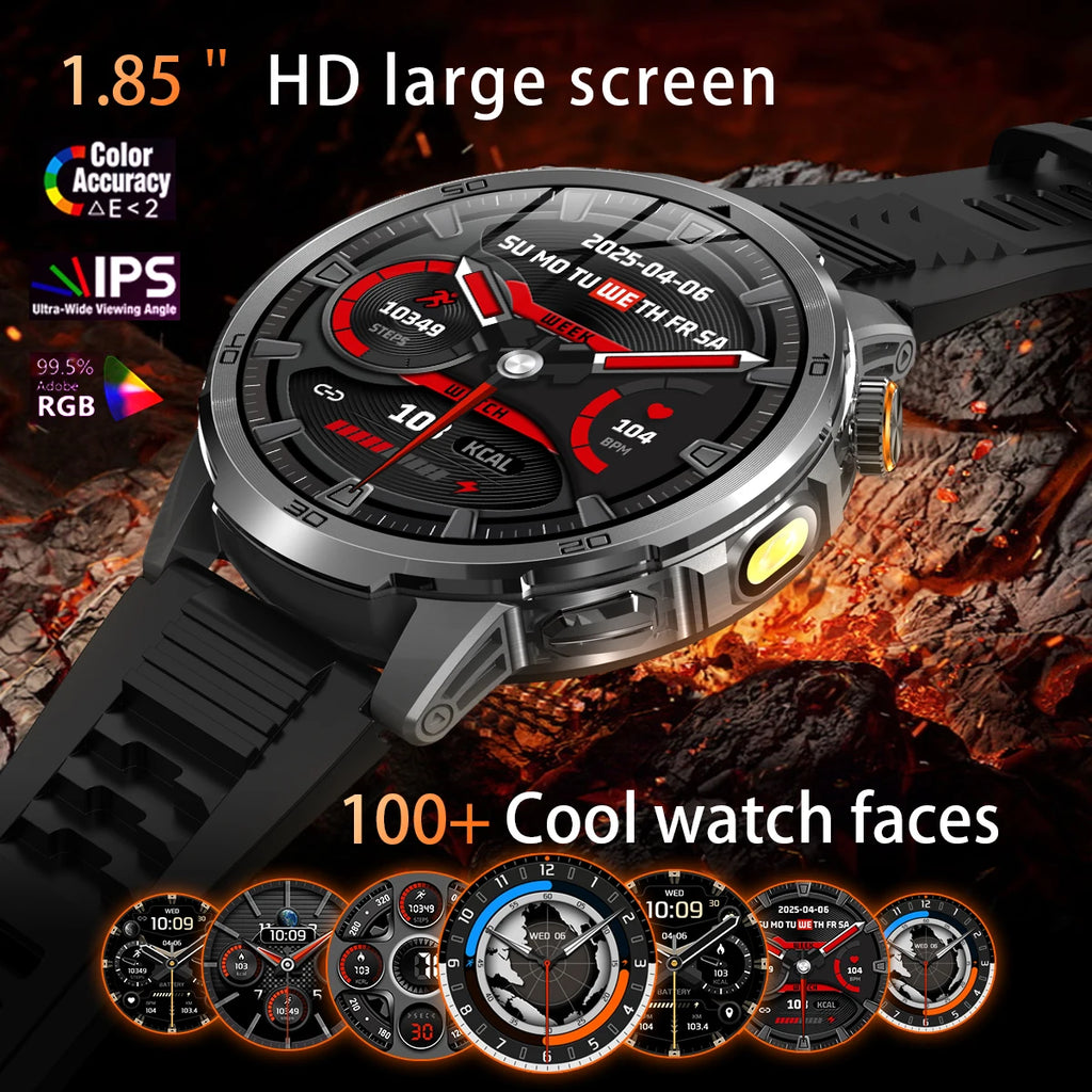 2026 New Outdoor Military Smart Watch For Men 1.85" AMOLED 1000mAh Battery IP69K Swim Flashlight Heart Rate Wireless Call Watchs