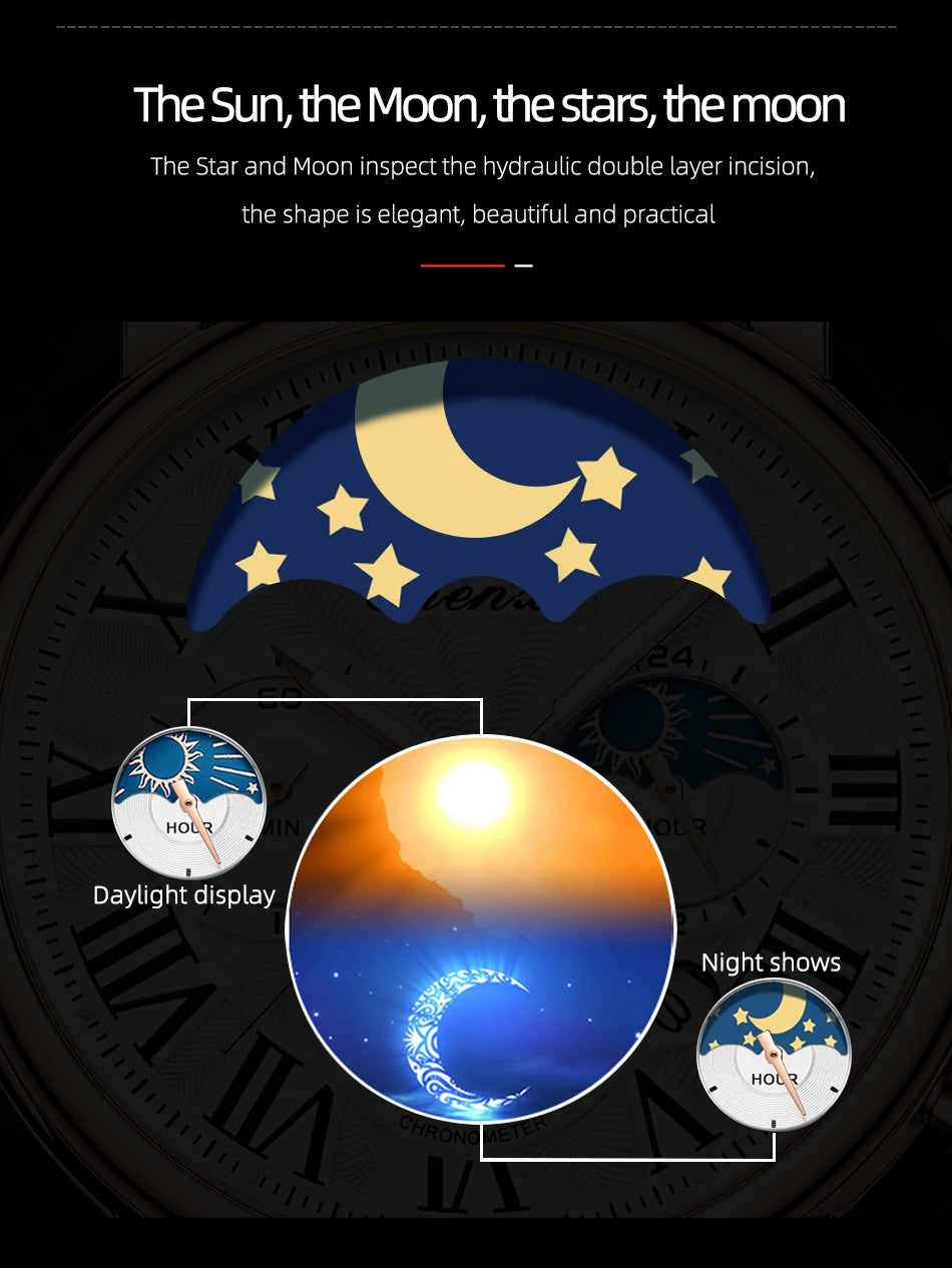 CHENXI Multifunction Men's Watches Business Roman Numerals Leather Strap Quartz Man Watch Chronograph Moon Phase Calendar