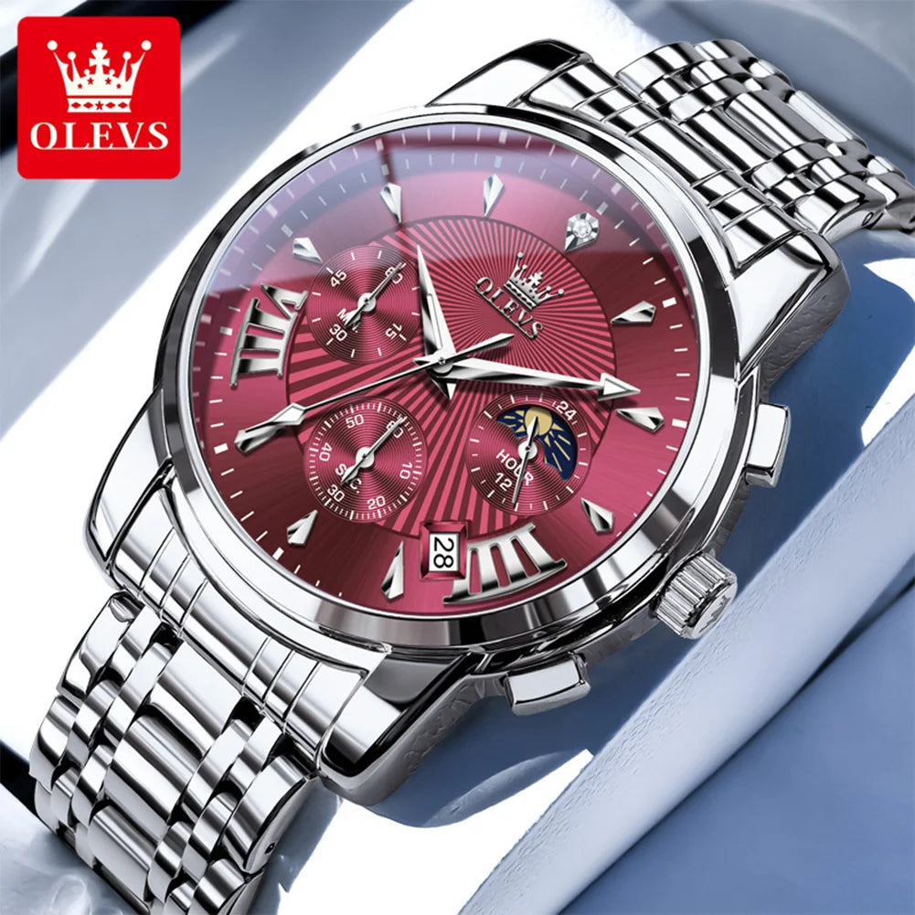 OLEVS 2892 Men Watch Original Quartz Watch Luxury Waterproof Luminous Calendar Moon Phase Chronograph Business Sports Men Watch