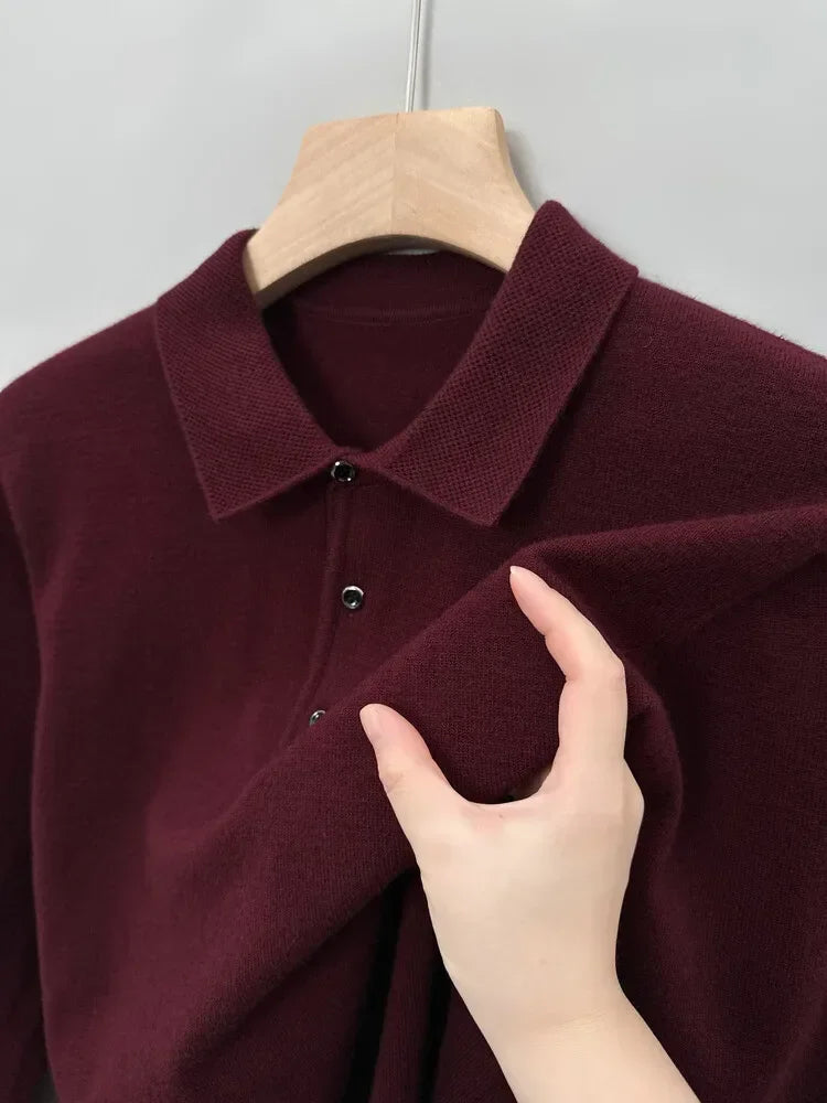 Autumn and Winter New Warm Soft Pullover Men's Business Lapel Knitwear Casual Solid Color Long Sleeve Polo Shirt Office