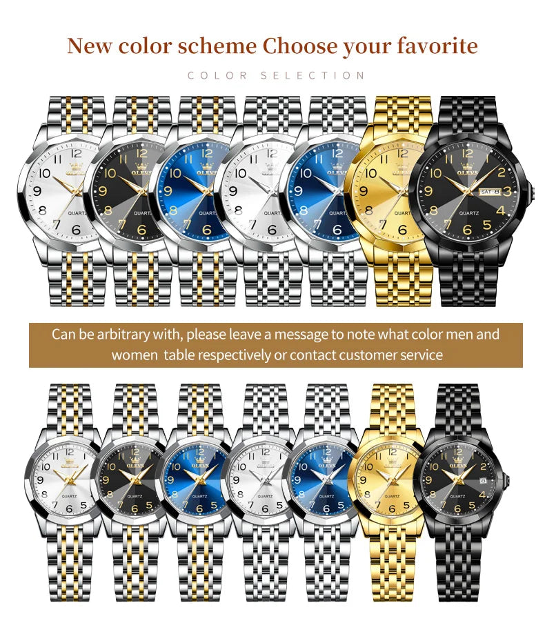 OLEVS 9970 Couple Watch For Men Women Luxury Number Dial Rhombus Mirror Quartz Hand Clock Stainless Steel Original Dress Watches