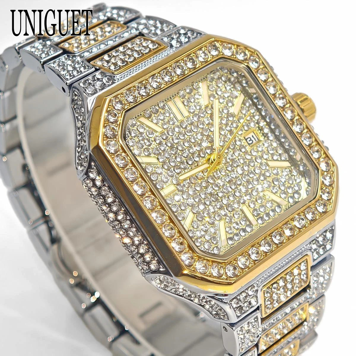2025 New Black Iced Watch For Men Brand UNIGUET Fashion Waterproof Quartz Watch Man Hip Hop Diamond Jewelry Square Wristwatch