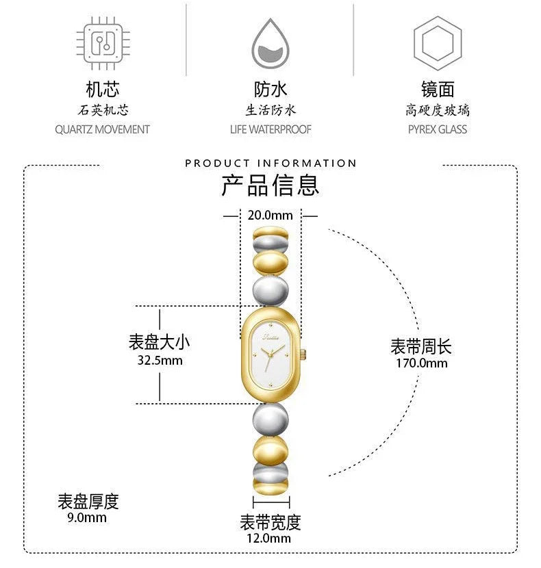 Womens Watch for Girls Wrist Quartz Reloj Sliver Grey Gold Orologio Ladies Luxury Oval Shaped Wristwatch Stainless Steel Clock