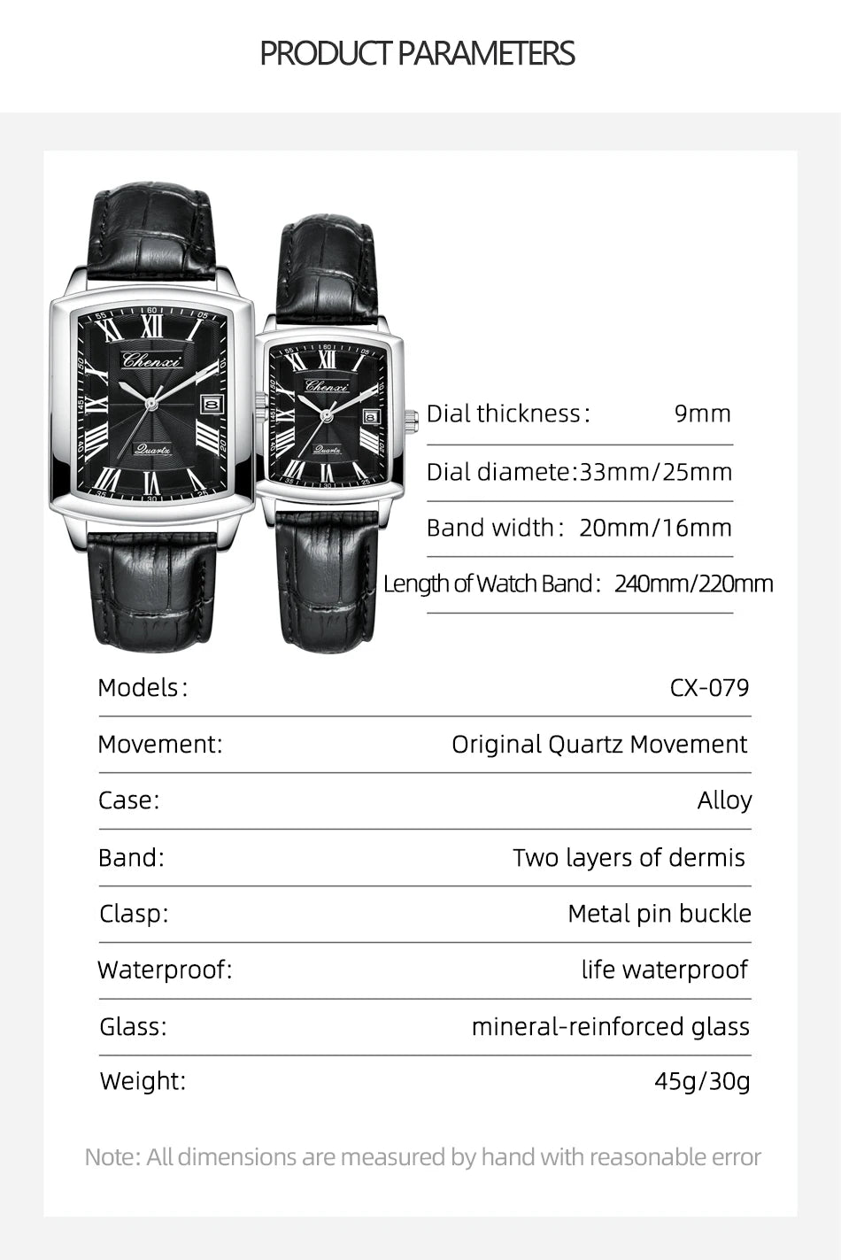 CHENXI Quartz Couple Watches Fashion Casual Rectangle Dial Alloy Man Woman Watch Luminous Calendar Couples Watch
