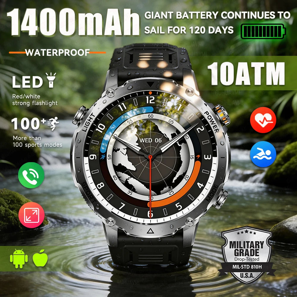 2026 New Military Smart Watch Men 1400mAh Battery 1.7-Inch AMOLED Sport GPS Track Bluetooth Call Rate Smartwatch For Android IOS