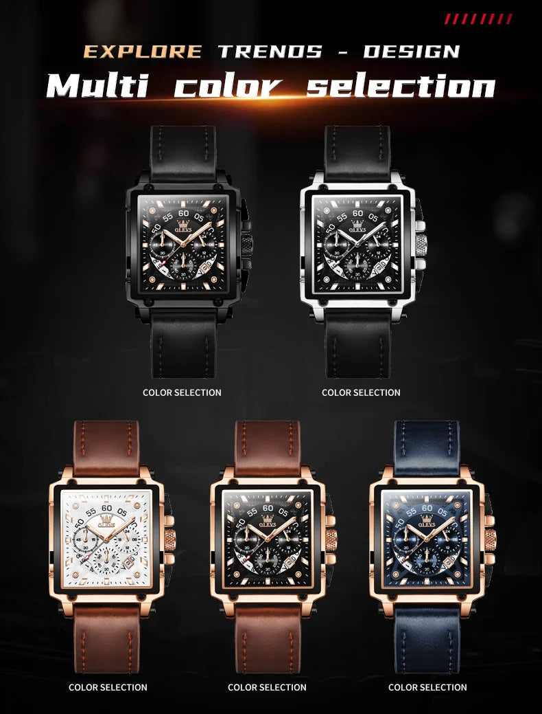 OLEVS Mens Watch Square Quartz Watch Multifunctional Business Watches For Man Waterproof Luminous Box Gift Leather Strap 9919