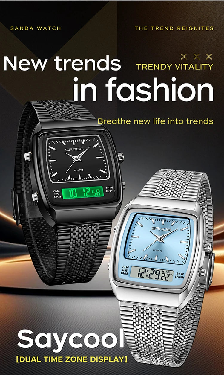 SANDA Outdoor Dual Display Men's Watch Luminous Waterproof TPU Strap Large Dial Chronograph Calendar Sports Wristwatch
