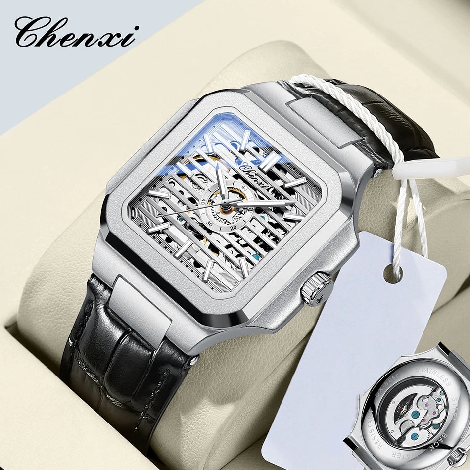 CHENXI Mechanical Men's Watch High-end Square Dial Men Watches Fully Automatic Hollow Wristwatches Male Gifts