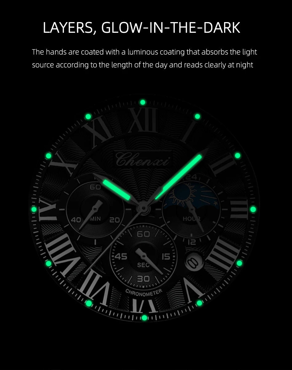 CHENXI Multifunction Men's Watches Business Roman Numerals Leather Strap Quartz Man Watch Chronograph Moon Phase Calendar
