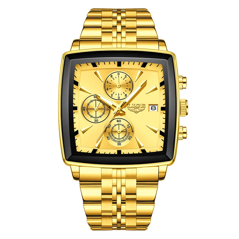 LIGE Top Brand Luxury Mens Watches Fashion Military Square Chronograph Quartz Wristwatches For Men Sports Waterproof Watch Men