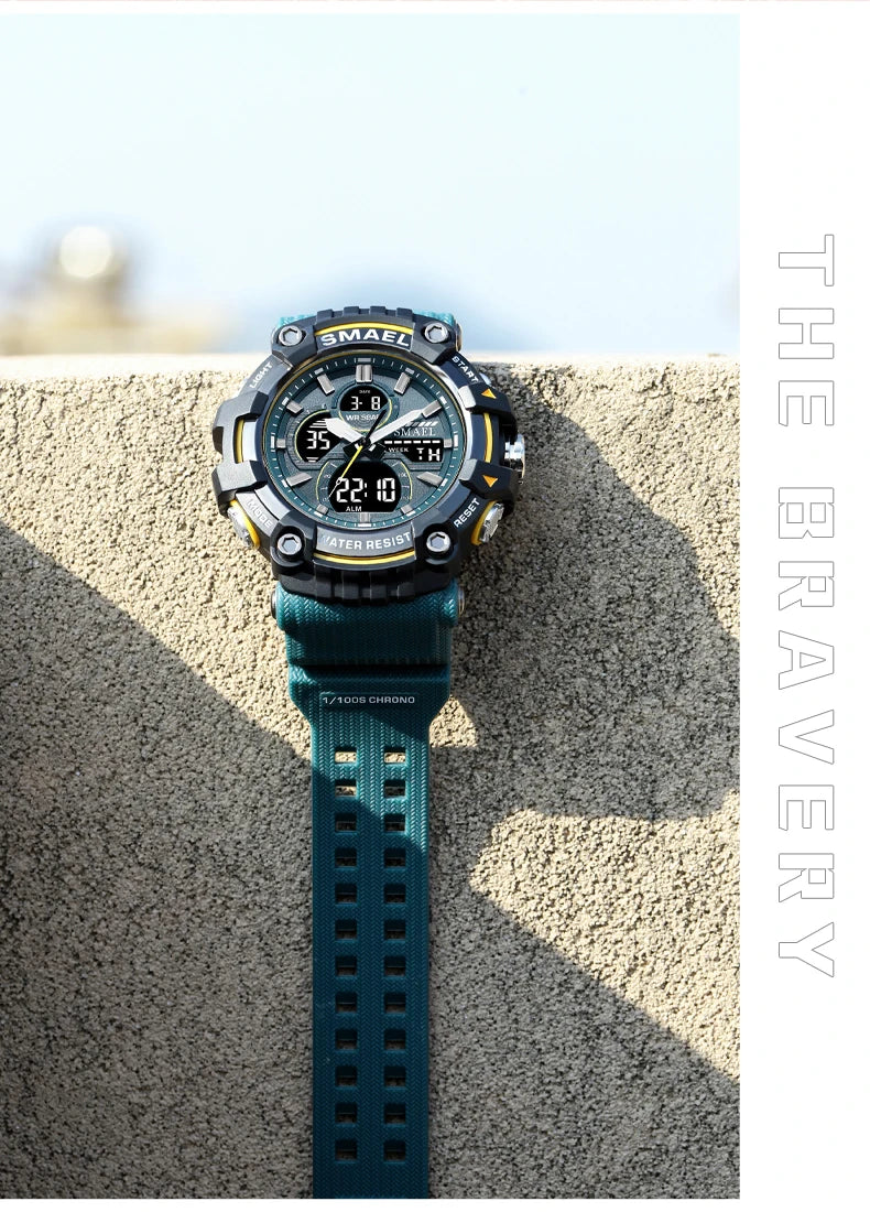 SMAEL Brand Sport Watch Men Quartz Wristwatches Waterproof Dual Time Display Military Army Green Male Clock 8079 Mens Watches