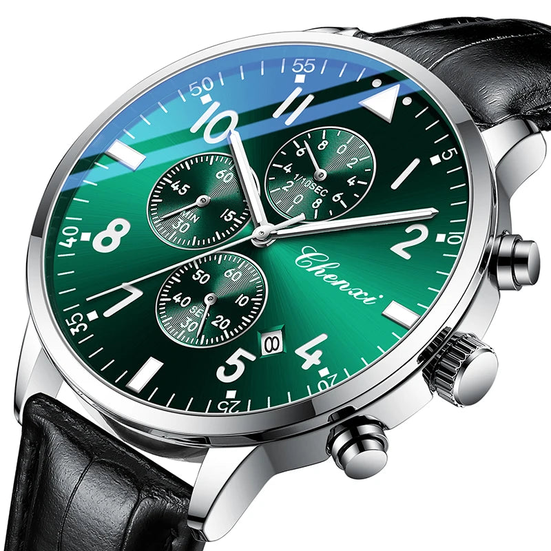 2025 New CHENXI Man Watch 43mm Classic Sports Chronograph Waterproof Luminous Quartz Men's Watches Leather Strap