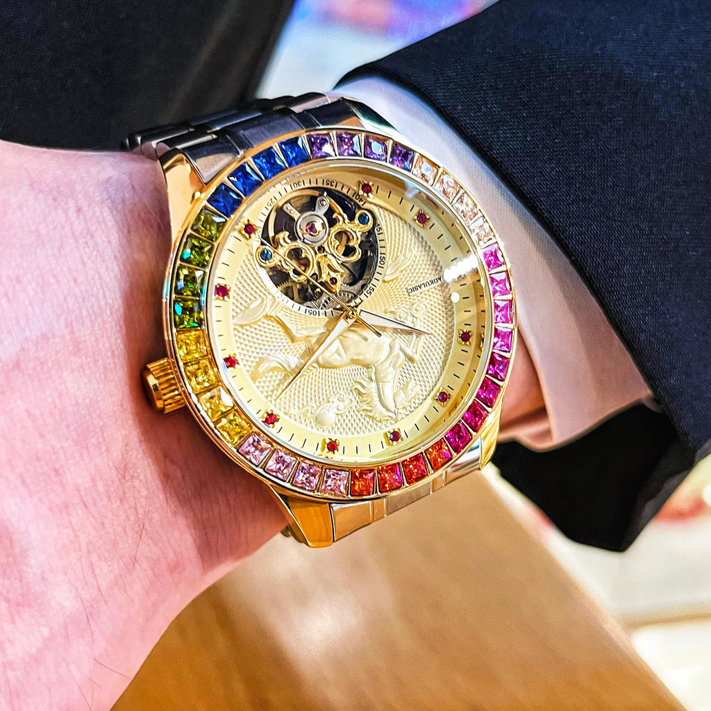 Stainless Steel New Color Diamond Golden Horse Series Skeleton Luminous Waterproof Self-Wind Automatic Watch for Men