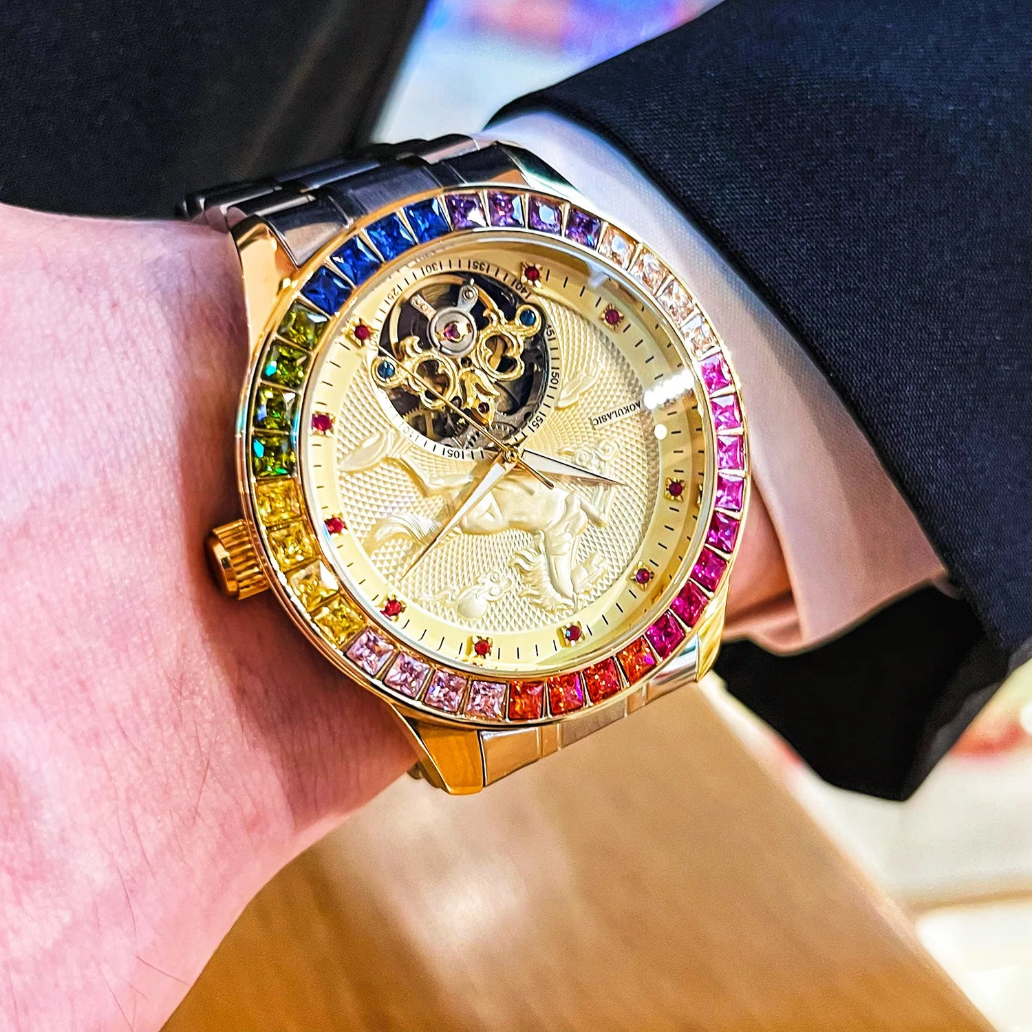 Stainless Steel New Color Diamond Golden Horse Series Skeleton Luminous Waterproof Self-Wind Automatic Watch for Men