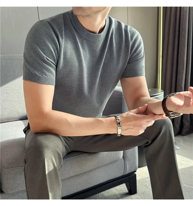 High-quality Men's Short-sleeve Knitted Sweater T-shirt O-Neck Solid Color Men Pullover T Shirts Slim Fit Stretch Undershirt Top