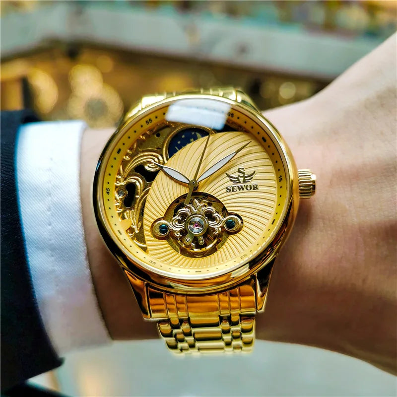 Stainless Steel New Vintage Skeleton Moonphase Luminous Waterproof Tourbillon Self-Wind Automatic Watch for Men