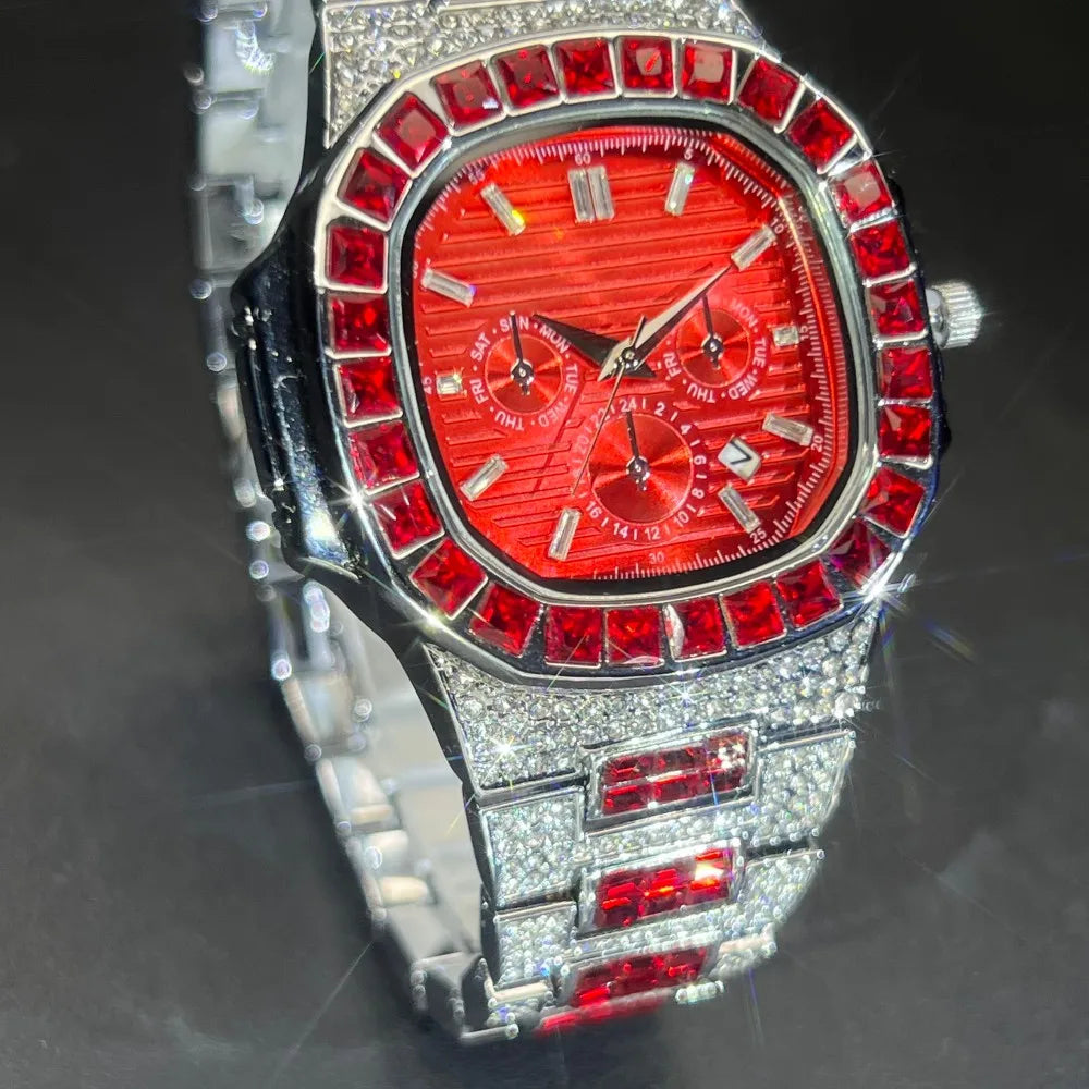 MISSFOX Luxury Watch For Men Green Sliver IcedOut Diamond Hip Hop Quartz Waterproof Clock Men Square Diamond Male Watch 2025 New