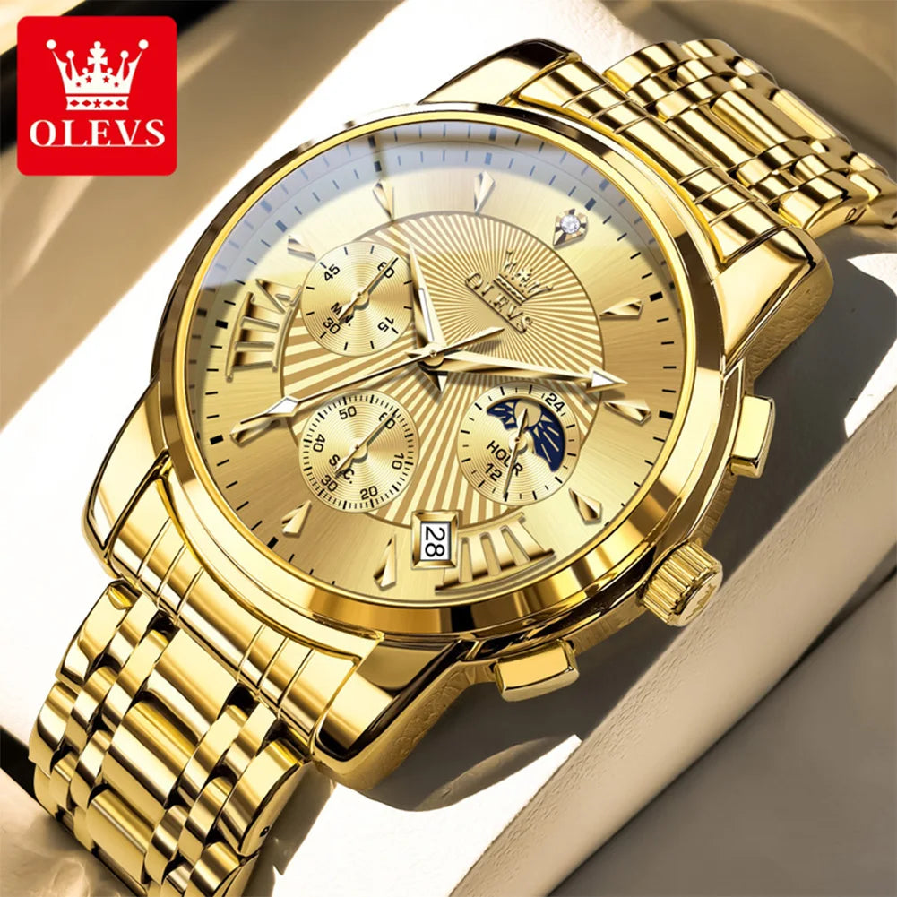 OLEVS 2892 Men Watch Original Quartz Watch Luxury Waterproof Luminous Calendar Moon Phase Chronograph Business Sports Men Watch