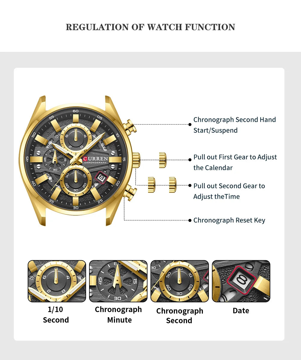CURREN Top Luxury Business Calendar Multi functional Waterproof Sports Men's Quartz Men Watch Construction Wristwatch for Men