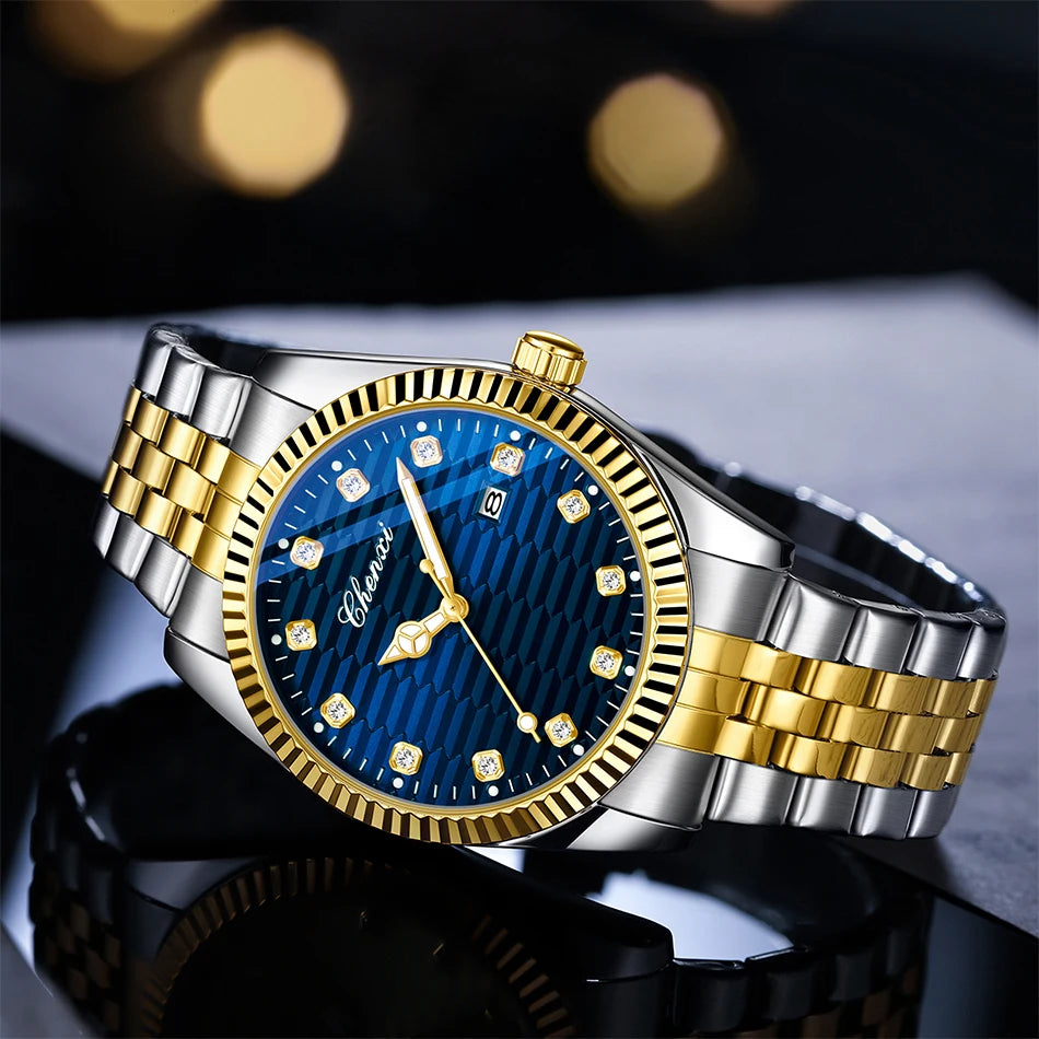 CHENXI Man Watch Classic Fashion Gold Quartz Steel Strap Watches Men Diamond-Set Round Luminous Water-Resistant Date