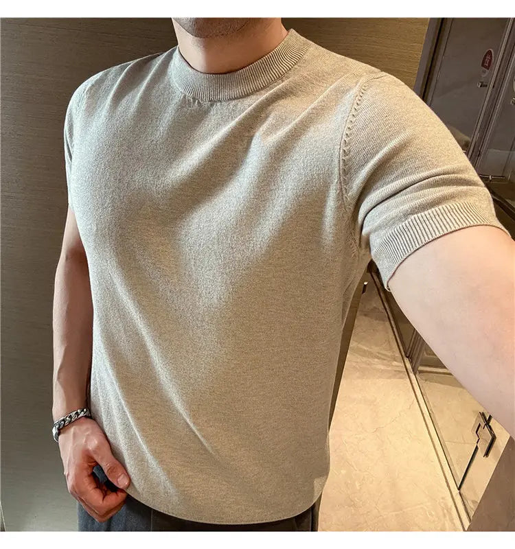 High-quality Men's Short-sleeve Knitted Sweater T-shirt O-Neck Solid Color Men Pullover T Shirts Slim Fit Stretch Undershirt Top