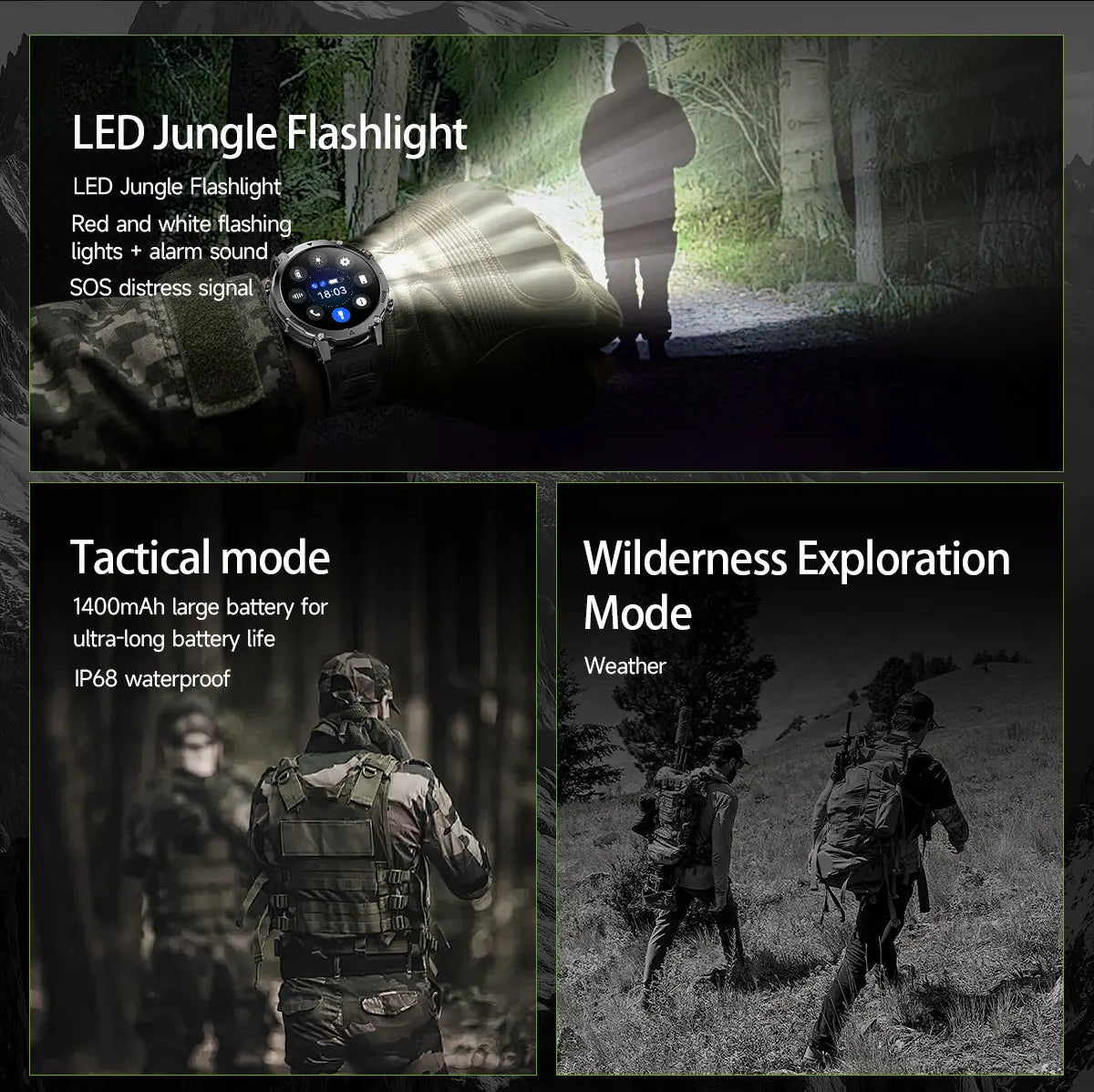 Brand+ Military 1400mAh Battery Smart Watch Men Outdoor Flashlight 10ATM Waterproof Heart Rate Bluetooth Call Sports Bracelets