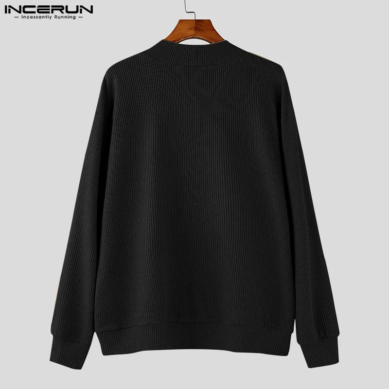 Autumn Stylish Men Tops INCERUN Hot Sale Texture Diagonal Sweater Casual Streetwear Solid V-neck Long Sleeved Sweater S-5XL 2024