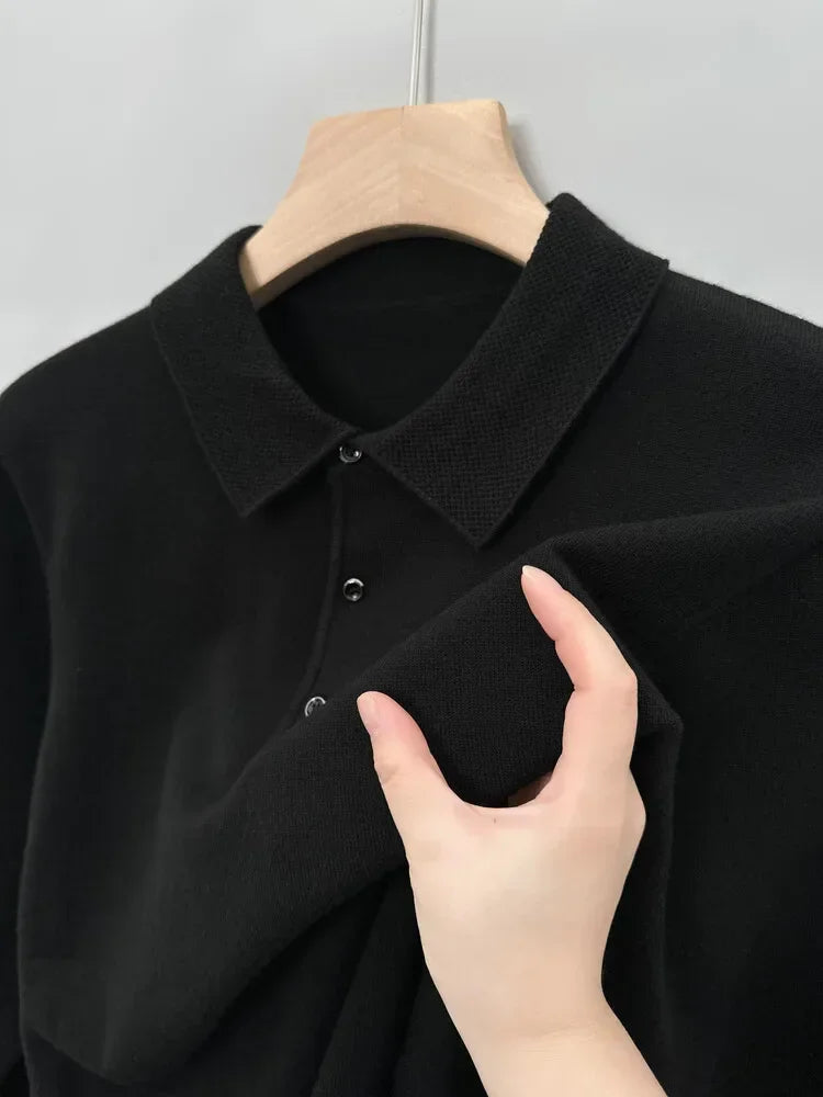 Autumn and Winter New Warm Soft Pullover Men's Business Lapel Knitwear Casual Solid Color Long Sleeve Polo Shirt Office