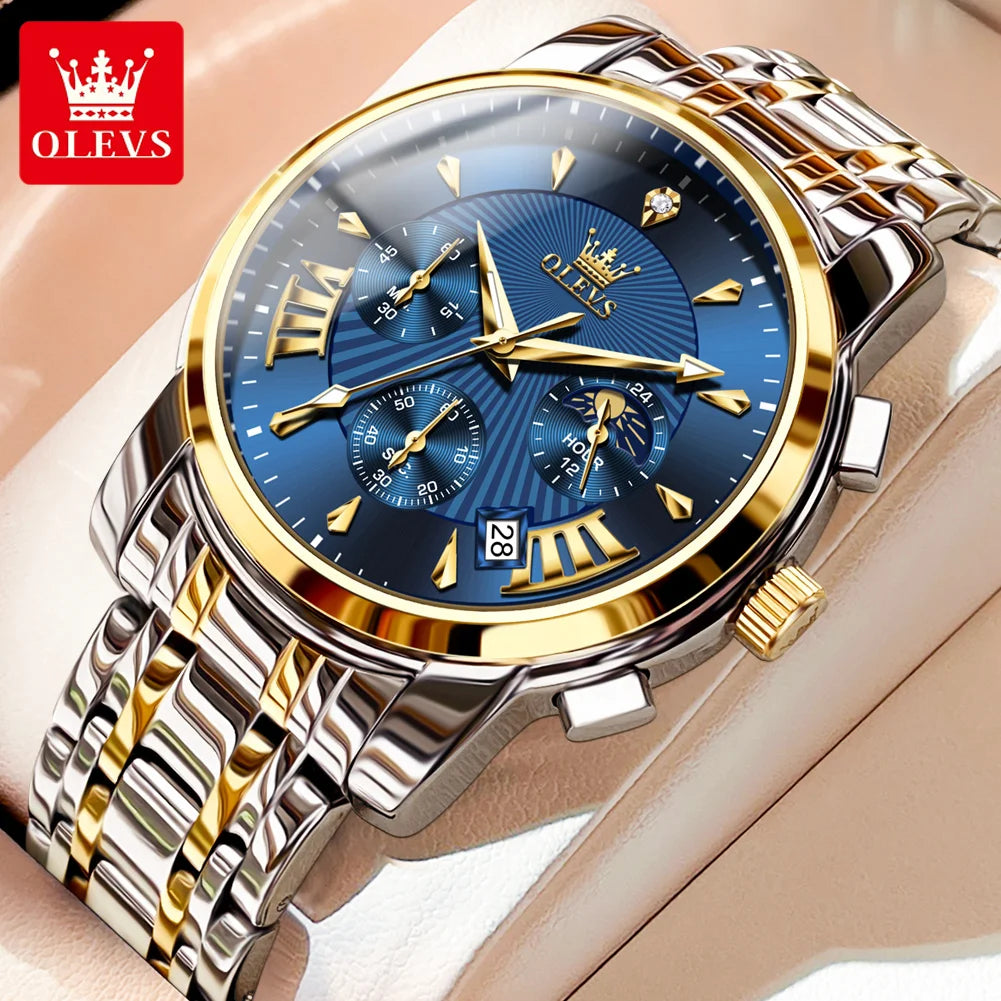 OLEVS 2892 Men Watch Original Quartz Watch Luxury Waterproof Luminous Calendar Moon Phase Chronograph Business Sports Men Watch