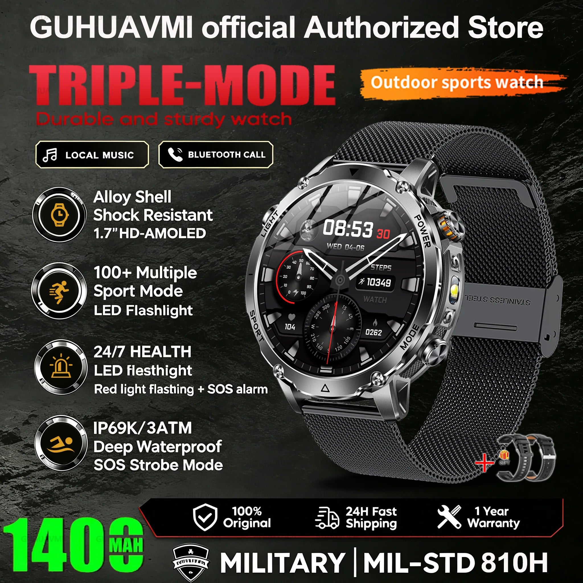 2026 New Smart Watch Bluetooth Call 1400mAh Large Battery Sport Heart Rate 1.7" Military Outdoor Men Smartwatch For Android IOS