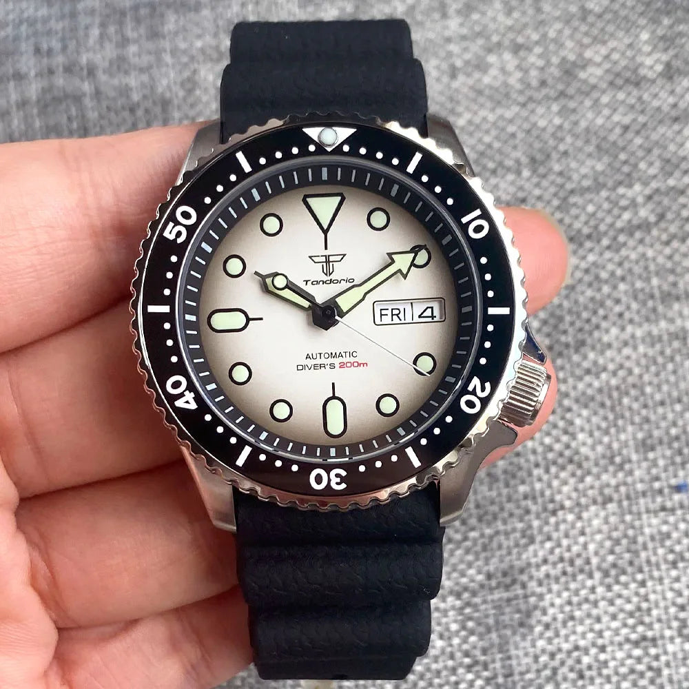 Diving Tandorio NH36 Week Date Steel Mechanical Watch Men 120clicks Bezel Chapter Ring 3.8 Crown 20ATM Waterproof SKX Mod Clock