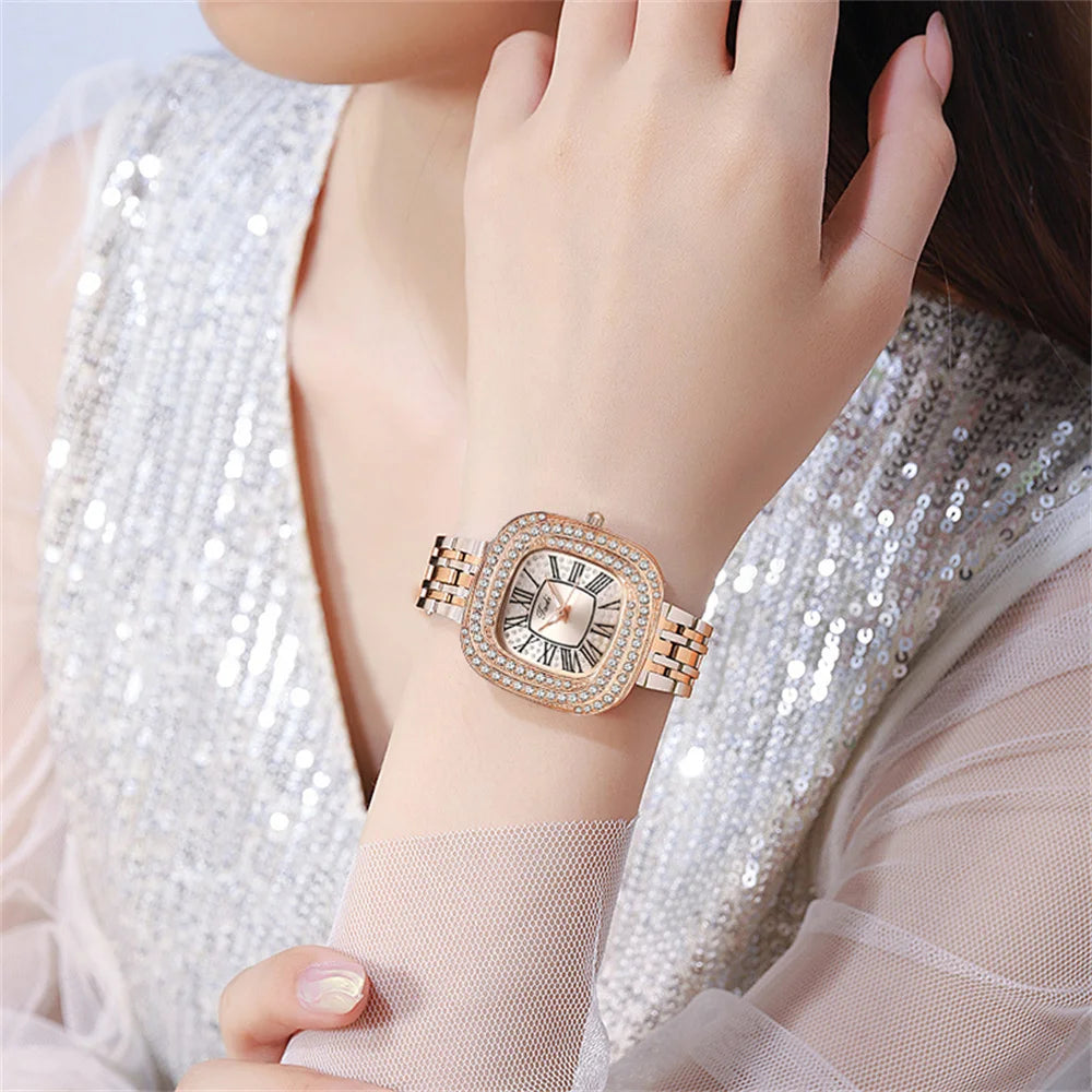 Ladies 2024 Square Roman Star Quartz Watch with Diamonds Stainless Steel Business Woman Clock Gift Wristwatch