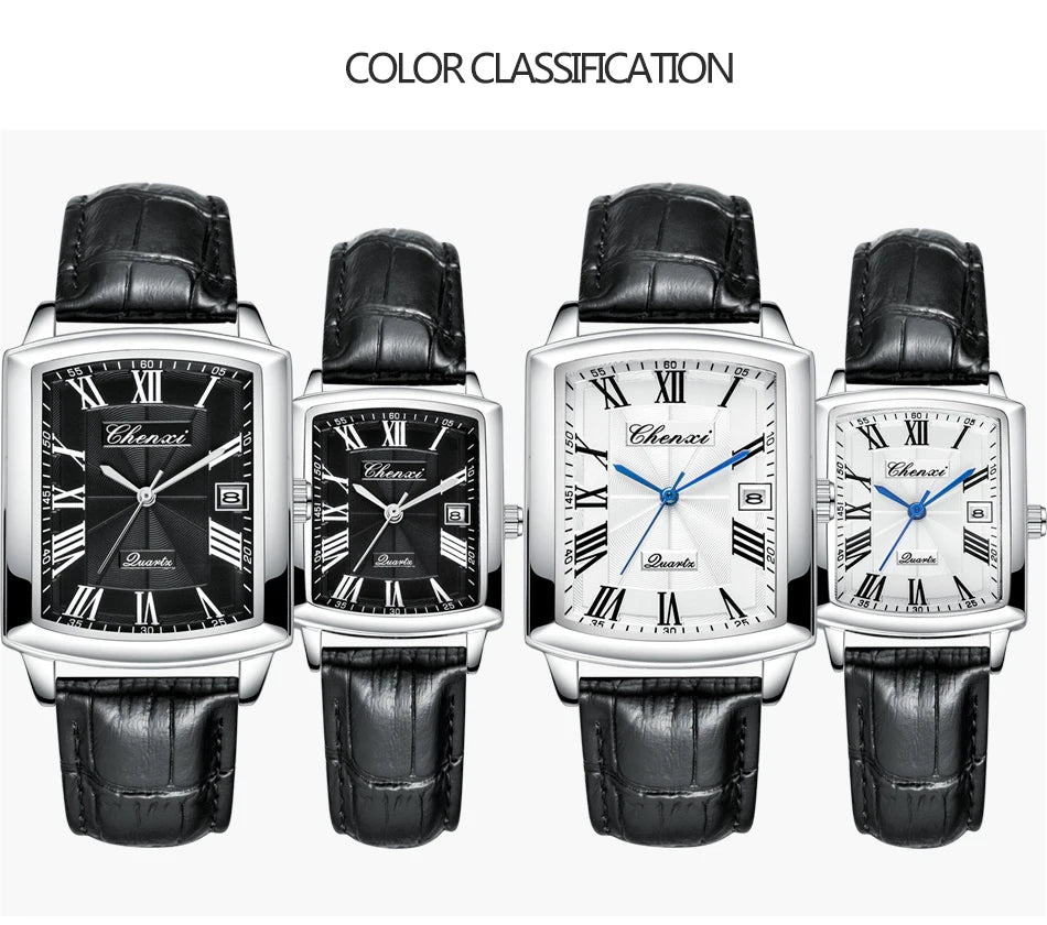 CHENXI Quartz Couple Watches Fashion Casual Rectangle Dial Alloy Man Woman Watch Luminous Calendar Couples Watch