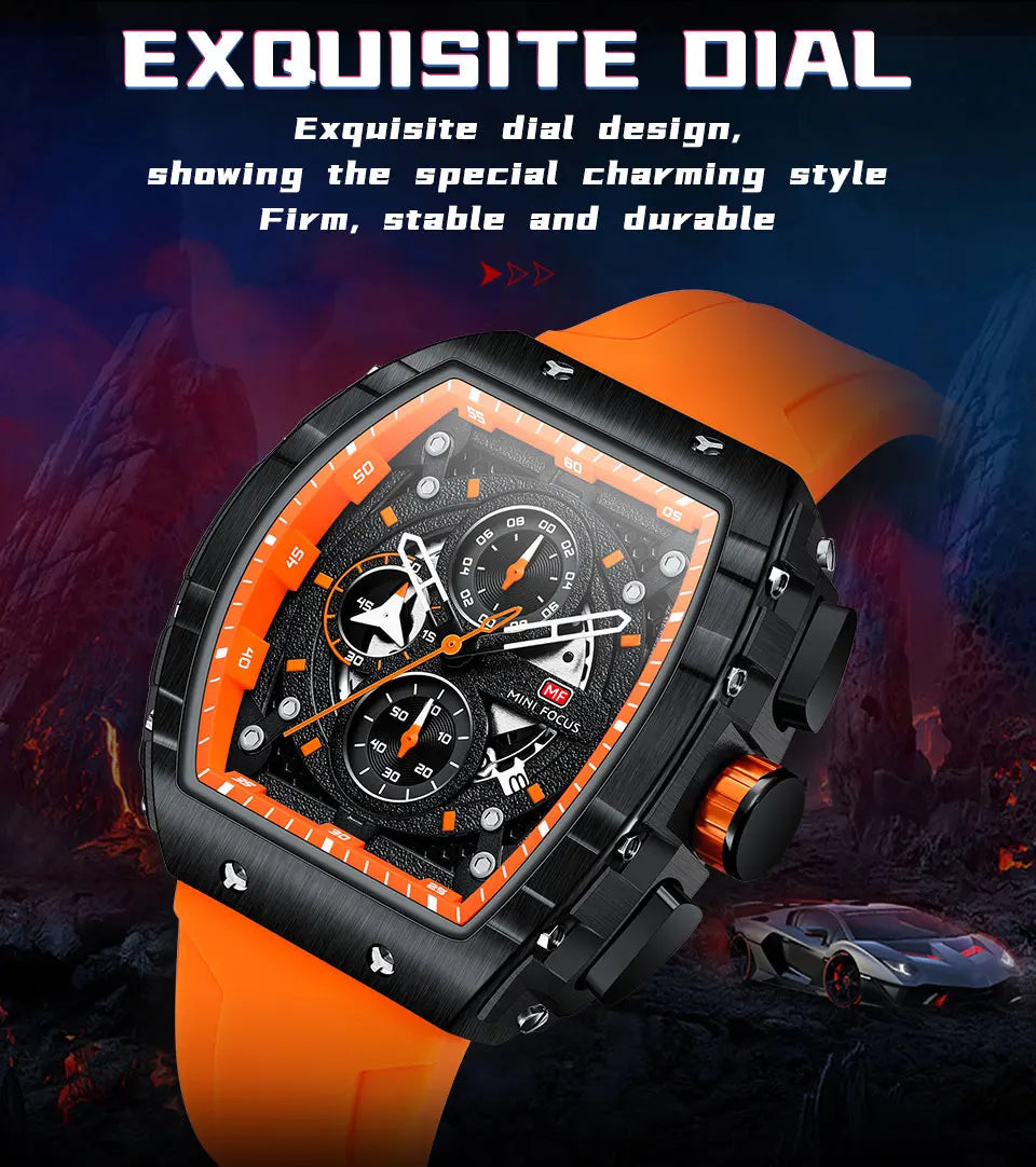 MINI FOCUS Chronograph Quartz Watches for Men Military Sport Silicone Strap Waterproof Wristwatch with Tonneau Dial Auto Date
