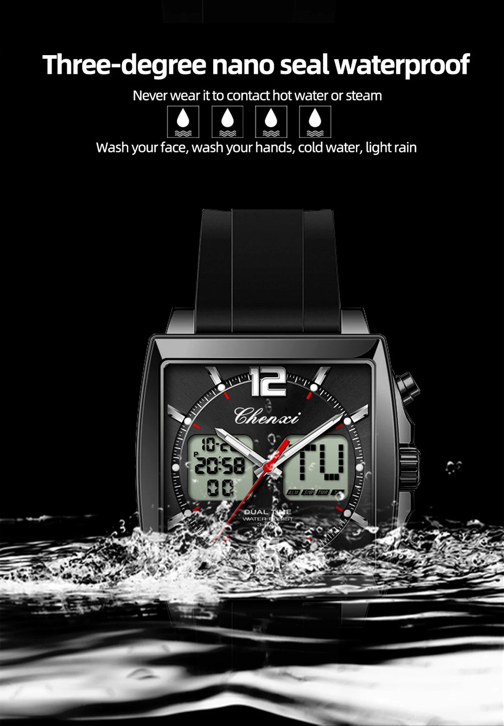 Fashion Casual Men Sports Watch Square Dial Dual Time CHENXI Watches Silicone Strap Waterproof Multifunction Wristwatch Male