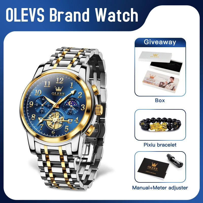 OLEVS 2900 Mens Watch Original Stainless Steel Watches For Men Calendar Moon Phase Quartz Watch Chronograph Freebie Reloj