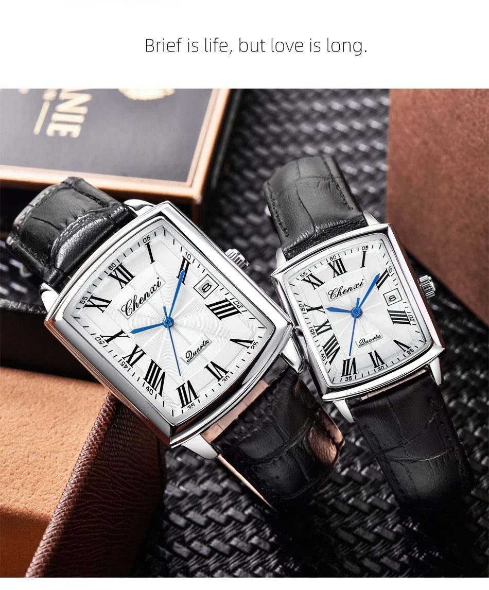 CHENXI Quartz Couple Watches Fashion Casual Rectangle Dial Alloy Man Woman Watch Luminous Calendar Couples Watch